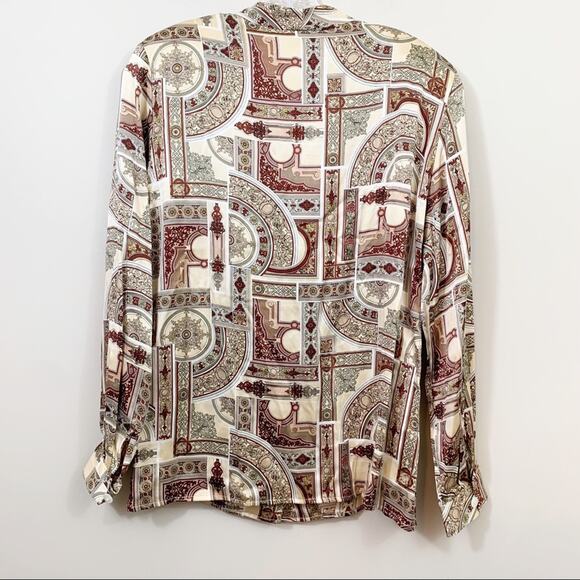 Vintage Liz Claiborne Silk Tan/Brown Wood Frame Pattern Blouse/Blazer - Picture 4 of 7